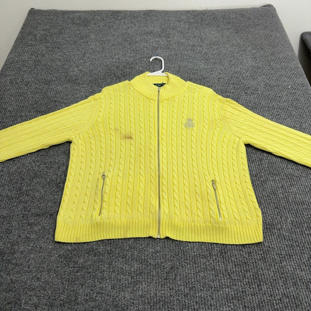 Lauren Ralph Lauren Sweater Womens XXL Yellow Cotton Blend Cable Knit Full Zip